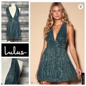 Lulus Ailey Gold Teal‎ Blue Skater Dress XS